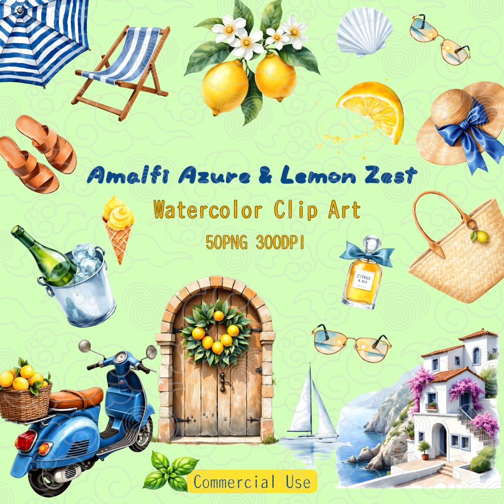 Amalfi Azure & Lemon Zest - 地中海風水彩素材集 (50点セット)