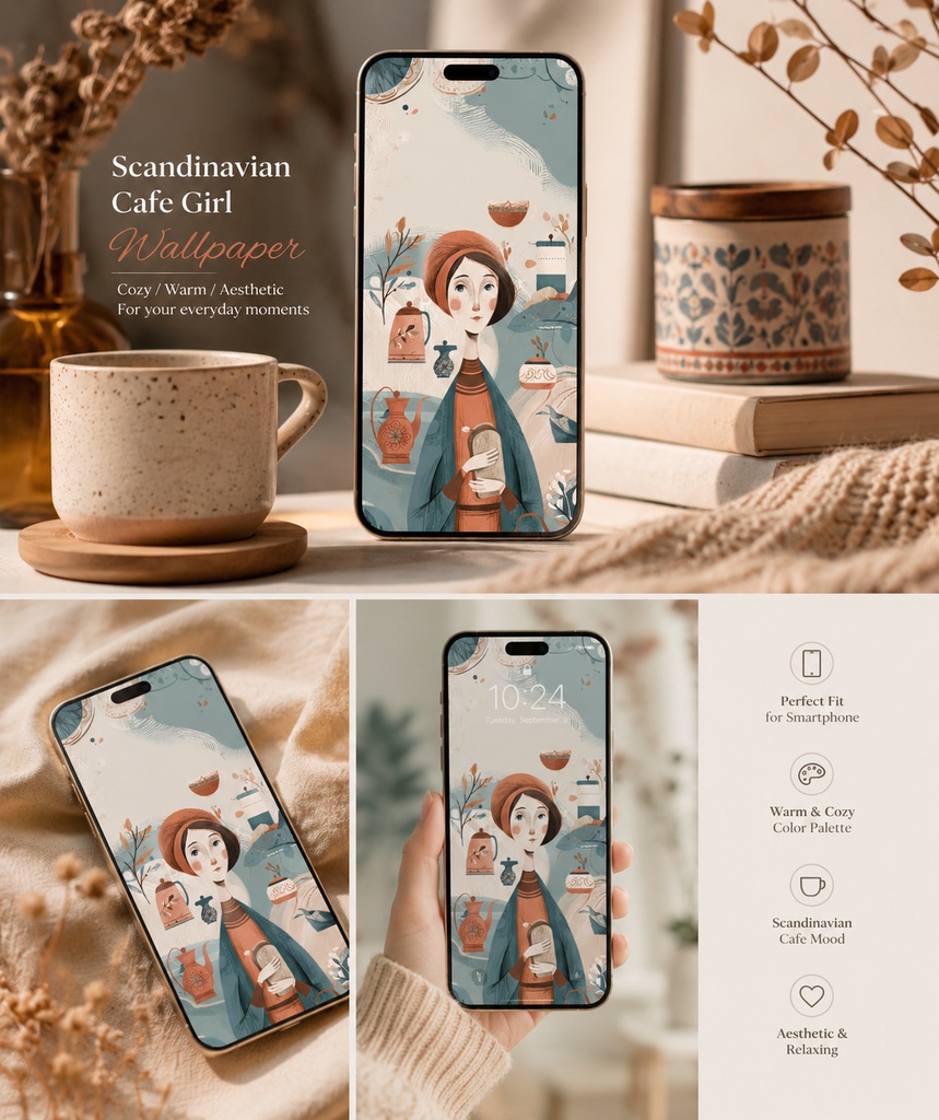 北欧カフェ気分のスマホ壁紙｜Cozy Scandinavian Girl Wallpaper