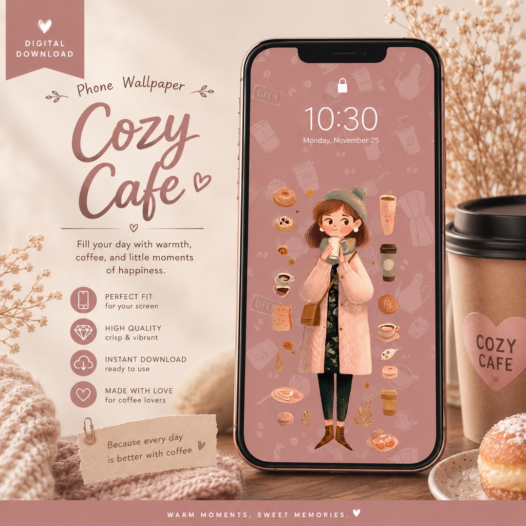 Cozy Coffee Girl Wallpaper｜フレンチガール風スマホ壁紙