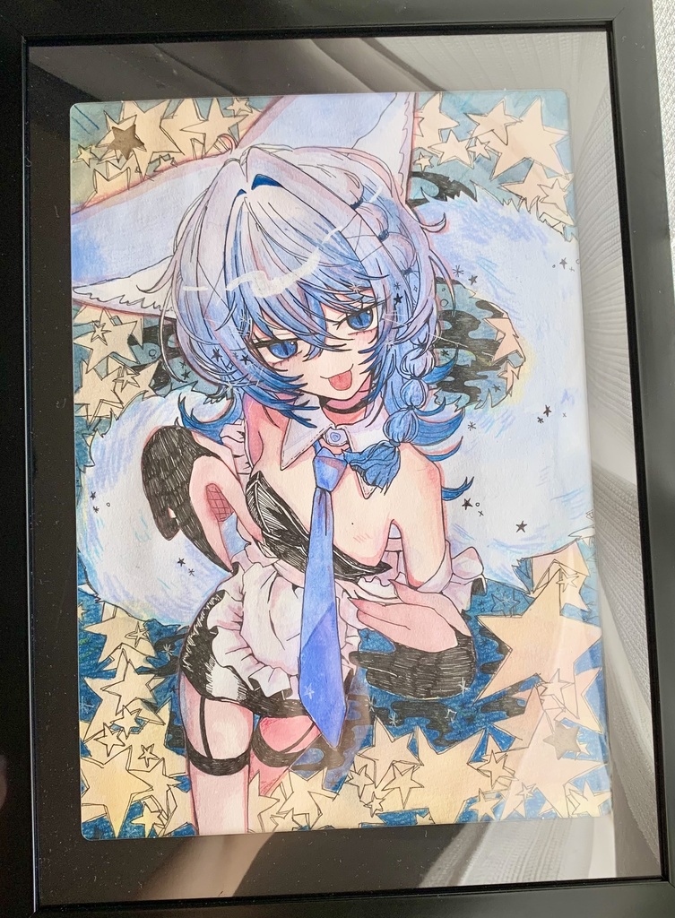 A4額縁入り アナログイラスト 星をまたぐ藍(あい)ちゃん