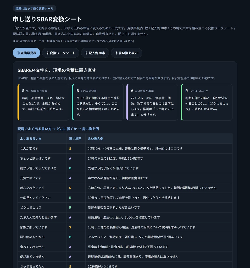 申し送りSBAR変換シート 記入例30本+早見表|30秒で伝わる報告に変える