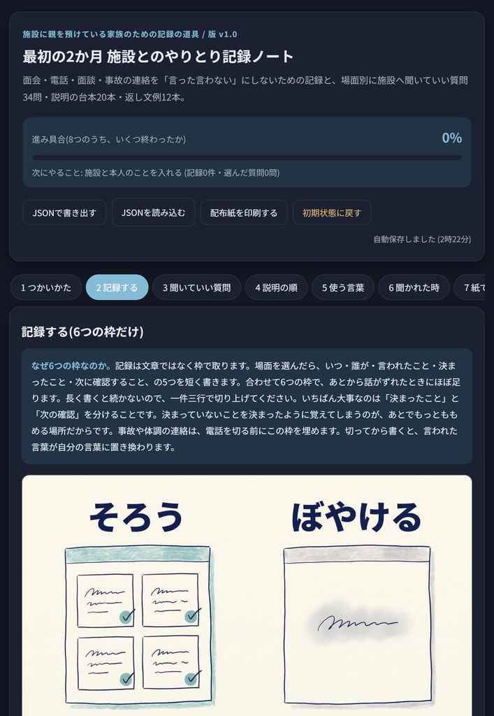 施設とのやりとり記録ノート|面会・電話・事故の連絡を3行で残す 質問34問+文例32本
