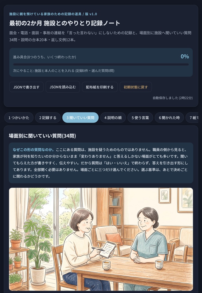 施設とのやりとり記録ノート|面会・電話・事故の連絡を3行で残す 質問34問+文例32本