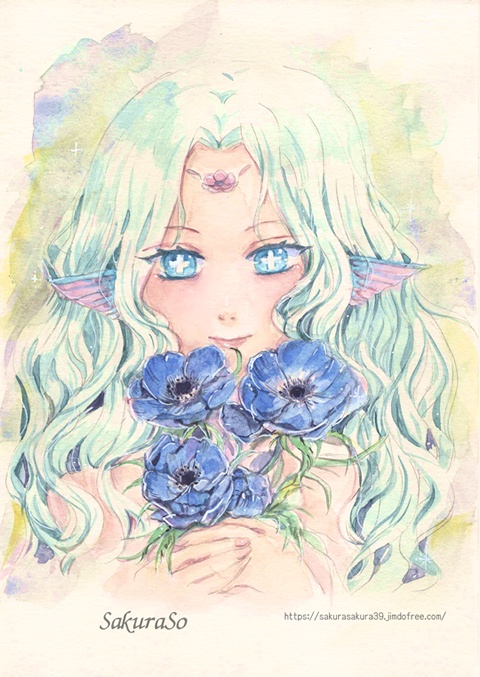 アマビエと青い花 水彩イラスト B5 紗 蔵 ショップ Booth