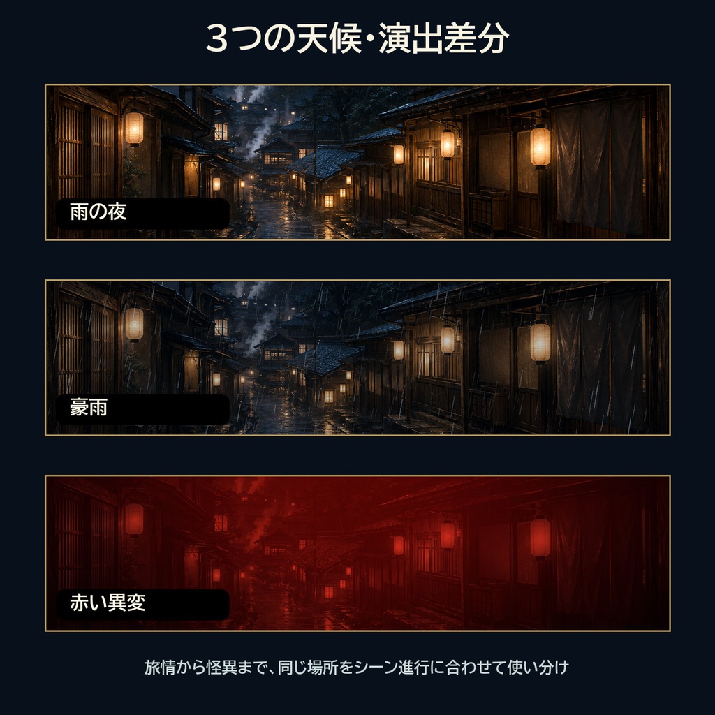 雨の夜の温泉街|和風TRPG背景36枚【4:3・16:9/ココフォリア対応】