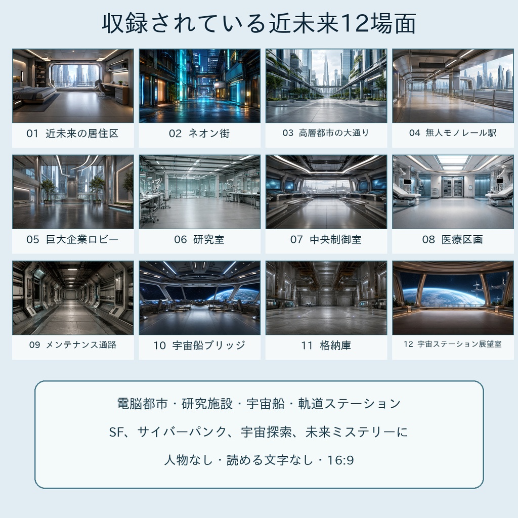 近未来・SF背景36枚|電脳都市・研究施設・宇宙基地編【通常・消灯・非常警報/4K対応】