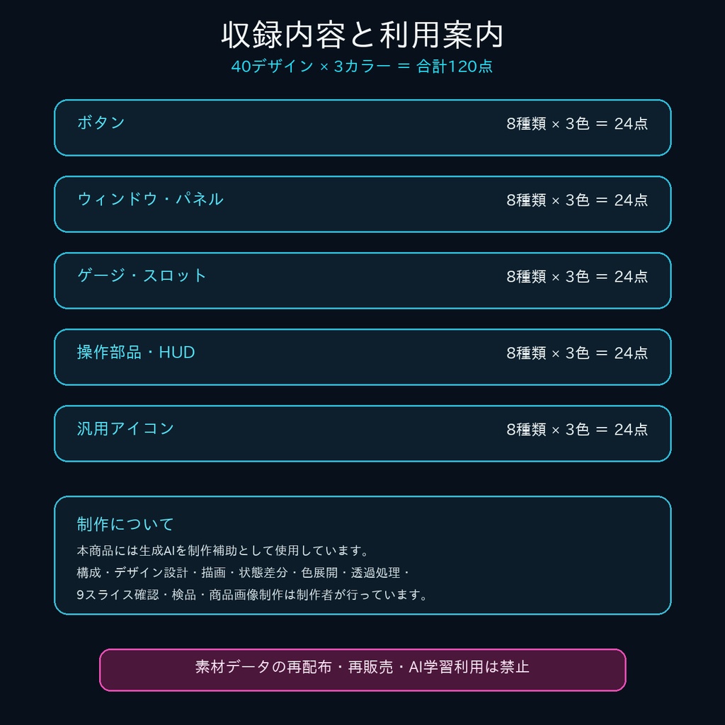 近未来・SFゲームUI素材 120点|3色・透過PNG【Unity・Godot・RPGツクール対応】