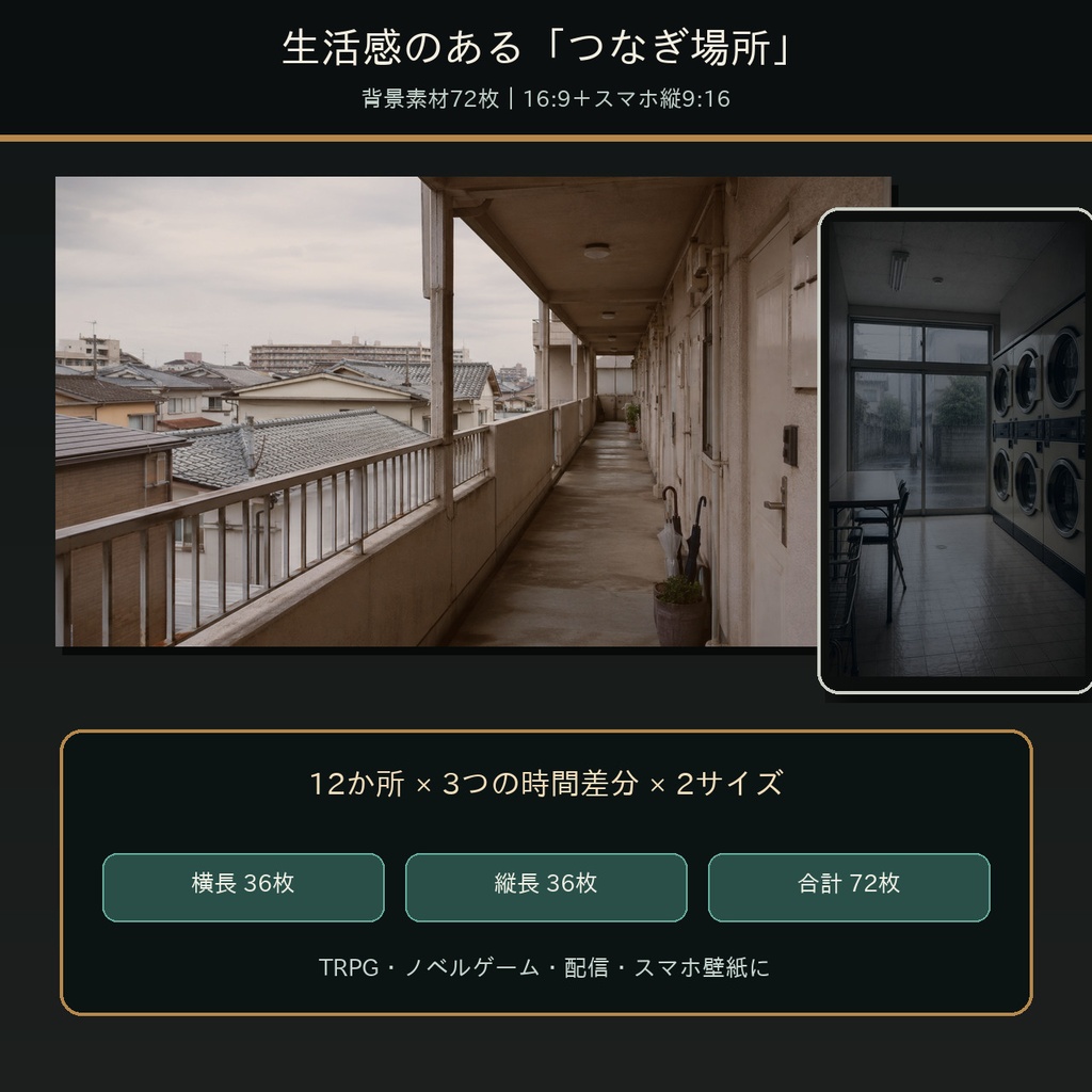 生活感のある「つなぎ場所」背景素材72枚|16:9+スマホ縦9:16【TRPG・ノベルゲーム】