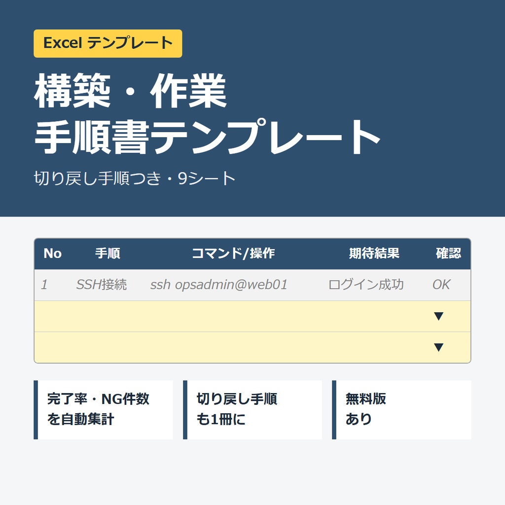 構築・作業手順書テンプレート Excel【切り戻し手順つき・完了率/NG件数自動集計】