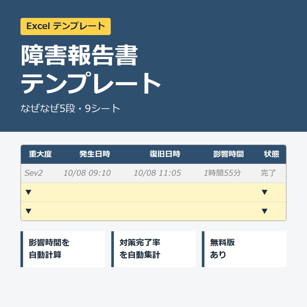 障害報告書テンプレート Excel【なぜなぜ5段・影響時間/対策完了率自動計算】