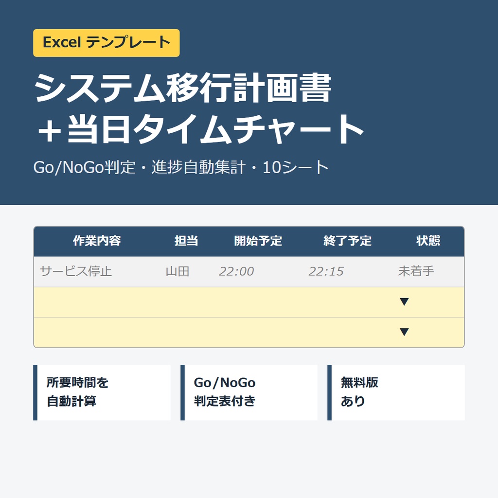 システム移行計画書＋移行当日タイムチャート Excelテンプレート【Go/NoGo判定・進捗自動集計】