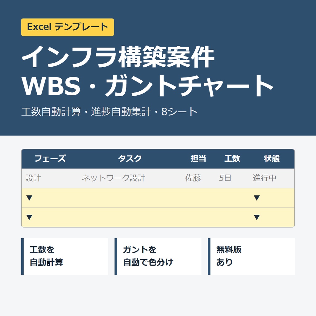 インフラ構築案件 WBS・ガントチャート Excelテンプレート【工数自動計算・進捗自動集計】