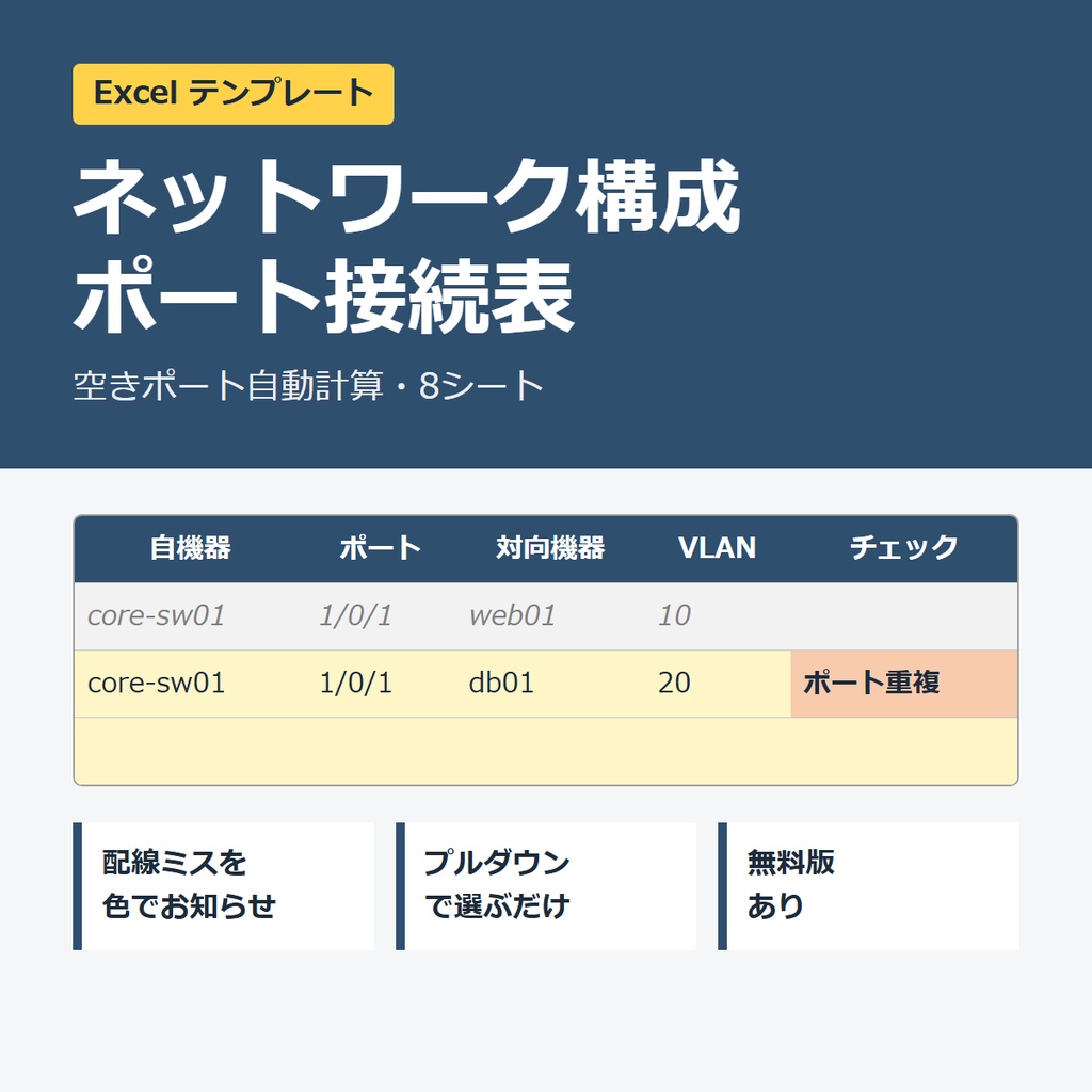 【無料版】ネットワーク構成・ポート接続表(5シート版)