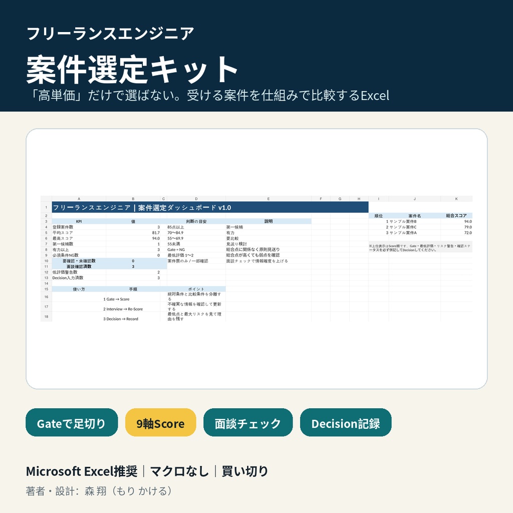 フリーランスエンジニア案件選定キット|9軸Score・面談チェック付きExcel