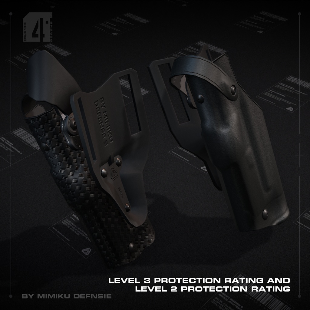 【3Dモデル】Duty holster | ピストルホルスター | 銃用ライト適応 | 左右手適応 | 3種類の異なるテクスチャタイプ | 2種類の異なる安全レベルスタイル