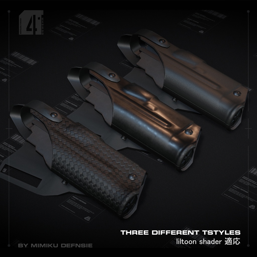 【3Dモデル】Duty holster | ピストルホルスター | 銃用ライト適応 | 左右手適応 | 3種類の異なるテクスチャタイプ | 2種類の異なる安全レベルスタイル