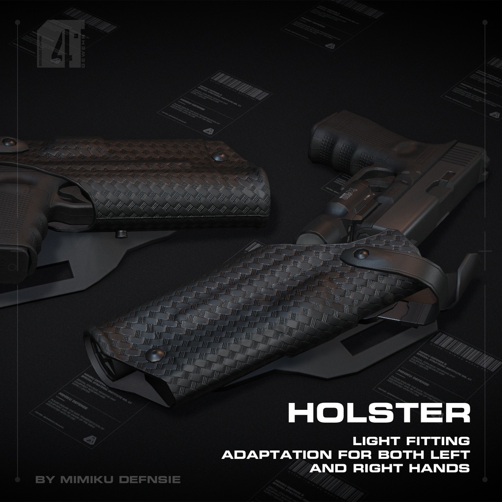【3Dモデル】Duty holster | ピストルホルスター | 銃用ライト適応 | 左右手適応 | 3種類の異なるテクスチャタイプ | 2種類の異なる安全レベルスタイル