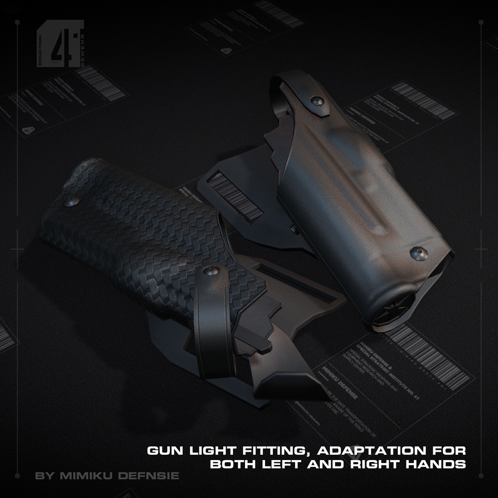 【3Dモデル】Duty holster | ピストルホルスター | 銃用ライト適応 | 左右手適応 | 3種類の異なるテクスチャタイプ | 2種類の異なる安全レベルスタイル