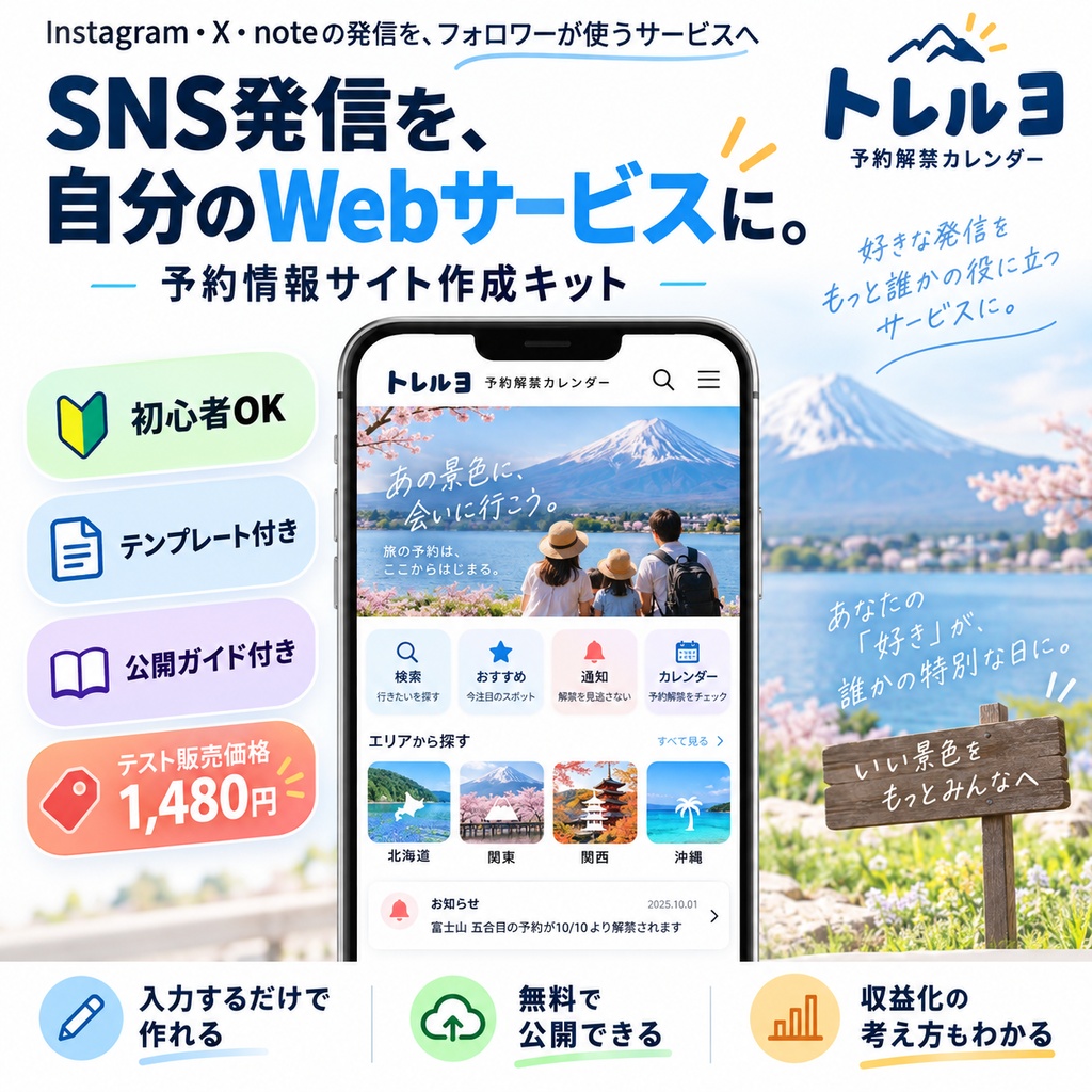 SNS発信を自分のサービスに|予約情報サイト作成キット【初心者OK】
