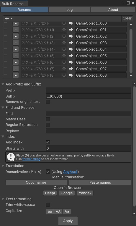 Bulk Rename tool for Unity