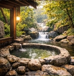 【高解像度背景素材】湖畔の絶景露天風呂|夕暮れ×紅葉×癒しの田舎風景