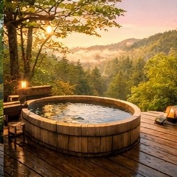 【高解像度背景素材】湖畔の絶景露天風呂|夕暮れ×紅葉×癒しの田舎風景