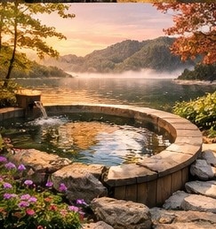 【高解像度背景素材】湖畔の絶景露天風呂|夕暮れ×紅葉×癒しの田舎風景