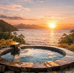 【高解像度背景素材】湖畔の絶景露天風呂|夕暮れ×紅葉×癒しの田舎風景