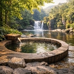 【高解像度背景素材】湖畔の絶景露天風呂|夕暮れ×紅葉×癒しの田舎風景