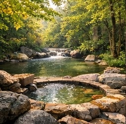 【高解像度背景素材】湖畔の絶景露天風呂|夕暮れ×紅葉×癒しの田舎風景