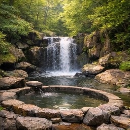 【高解像度背景素材】湖畔の絶景露天風呂|夕暮れ×紅葉×癒しの田舎風景