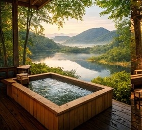 【高解像度背景素材】湖畔の絶景露天風呂|夕暮れ×紅葉×癒しの田舎風景