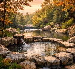 【高解像度背景素材】湖畔の絶景露天風呂|夕暮れ×紅葉×癒しの田舎風景