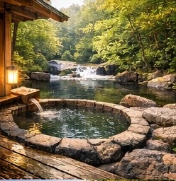 【高解像度背景素材】湖畔の絶景露天風呂|夕暮れ×紅葉×癒しの田舎風景