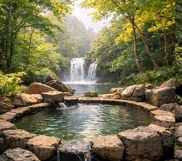 【高解像度背景素材】湖畔の絶景露天風呂|夕暮れ×紅葉×癒しの田舎風景