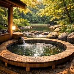 【高解像度背景素材】湖畔の絶景露天風呂|夕暮れ×紅葉×癒しの田舎風景