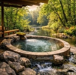 【高解像度背景素材】湖畔の絶景露天風呂|夕暮れ×紅葉×癒しの田舎風景