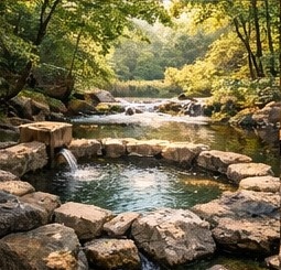 【高解像度背景素材】湖畔の絶景露天風呂|夕暮れ×紅葉×癒しの田舎風景