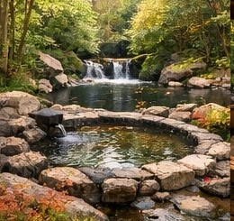 【高解像度背景素材】湖畔の絶景露天風呂|夕暮れ×紅葉×癒しの田舎風景