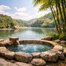 【高解像度背景素材】湖畔の絶景露天風呂｜夕暮れ×紅葉×癒しの田舎風景