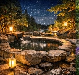 【高解像度背景素材】湖畔の絶景露天風呂|夕暮れ×紅葉×癒しの田舎風景