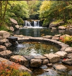 【高解像度背景素材】湖畔の絶景露天風呂|夕暮れ×紅葉×癒しの田舎風景