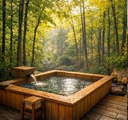 【高解像度背景素材】湖畔の絶景露天風呂|夕暮れ×紅葉×癒しの田舎風景