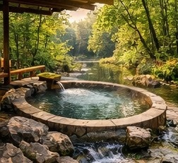 【高解像度背景素材】湖畔の絶景露天風呂|夕暮れ×紅葉×癒しの田舎風景