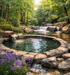 【高解像度背景素材】湖畔の絶景露天風呂|夕暮れ×紅葉×癒しの田舎風景