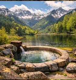 【高解像度背景素材】湖畔の絶景露天風呂|夕暮れ×紅葉×癒しの田舎風景