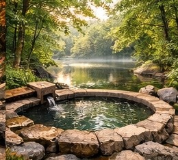 【高解像度背景素材】湖畔の絶景露天風呂|夕暮れ×紅葉×癒しの田舎風景