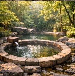 【高解像度背景素材】湖畔の絶景露天風呂|夕暮れ×紅葉×癒しの田舎風景