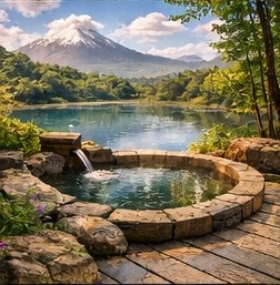 【高解像度背景素材】湖畔の絶景露天風呂|夕暮れ×紅葉×癒しの田舎風景