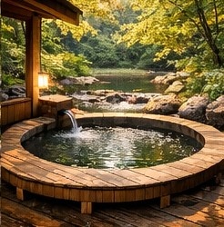 【高解像度背景素材】湖畔の絶景露天風呂|夕暮れ×紅葉×癒しの田舎風景